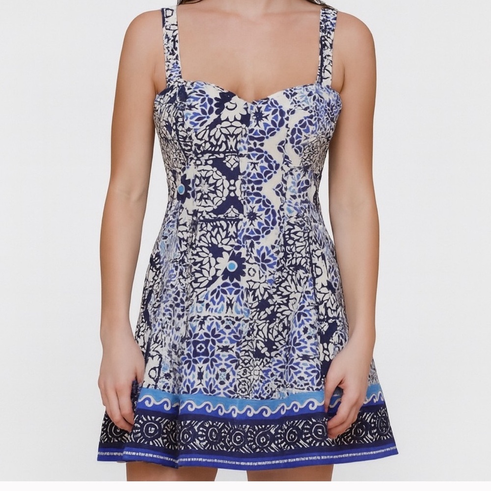 Avec Les Filles Mini Dress Sweetheart Neck Fit Flare Cotton Blue White Size 8